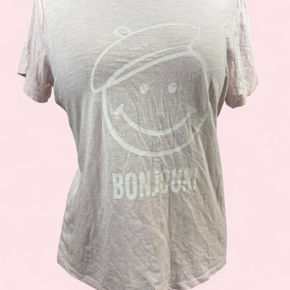Cinq a Sept Bonjour Smiley Graphic Tee Pink Small French Girl Slub T-Shirt